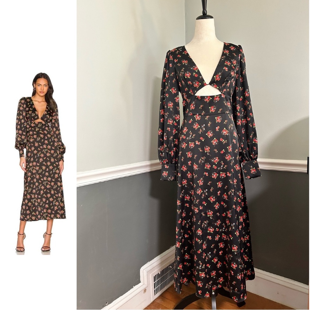AFRM Viola Cutout Long Sleeve Midi Dress - Noir Rose Garden - Medium